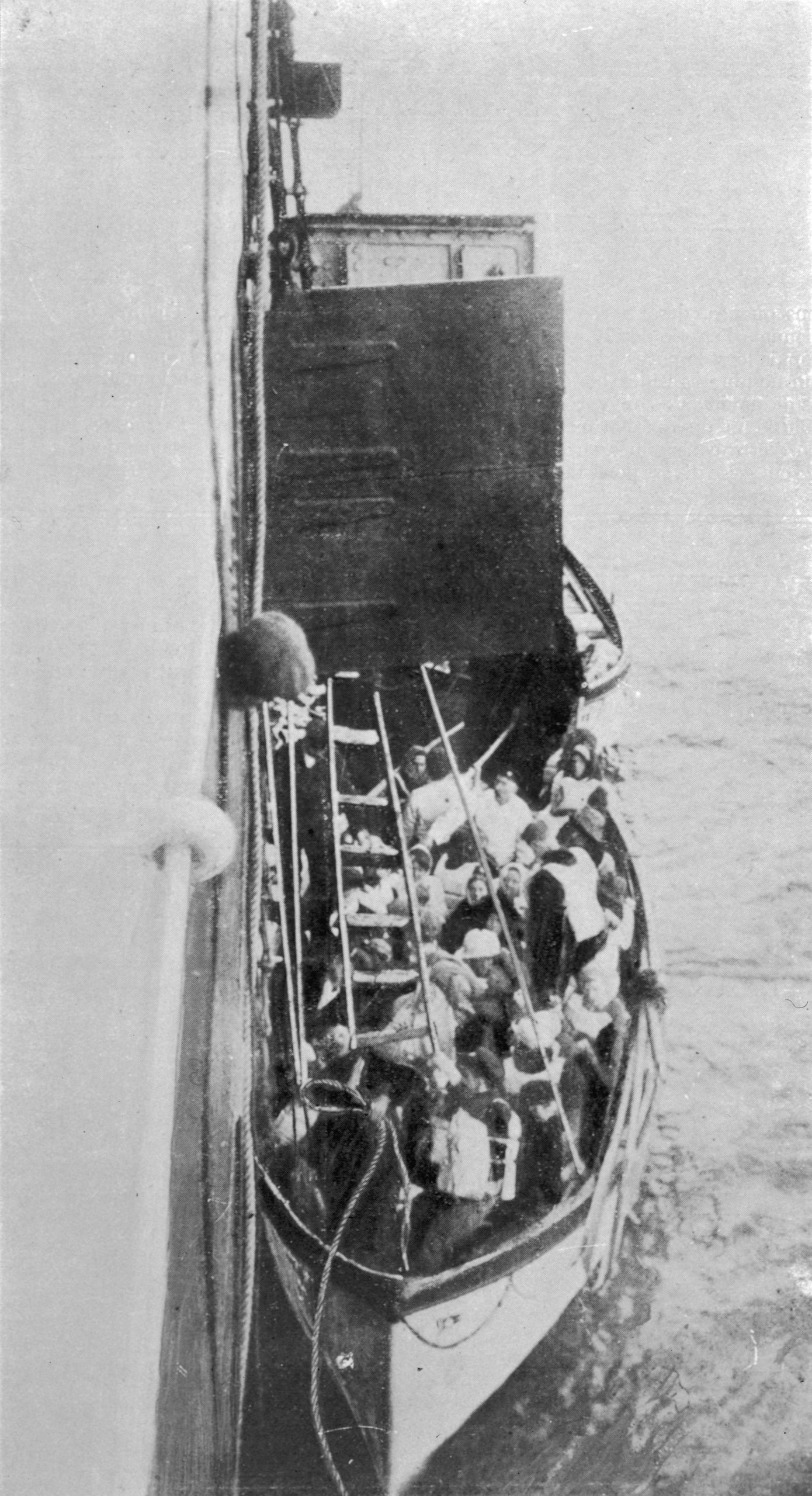 Titanic survivors winched to safety on the Carpathia. Date: 1912